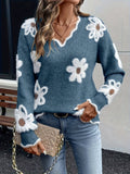 Olivia | Women's Floral Daisy V-Neck Fuzzy Knit Sweater
