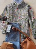 Sophia - Women's Floral Embroidered Turtleneck Sweater Relaxed Knit Pullover